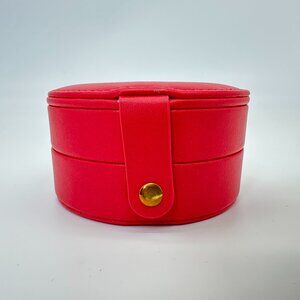 NEW Red Round Double Layer Travel Jewelry Box Organizer w/ Mirror & Snap Closure